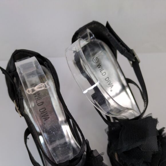 Wild Diva Ruffle Front Black Satin Stiletto Heel Strappy Shoes Women's 11 Buckle - Picture 6 of 9